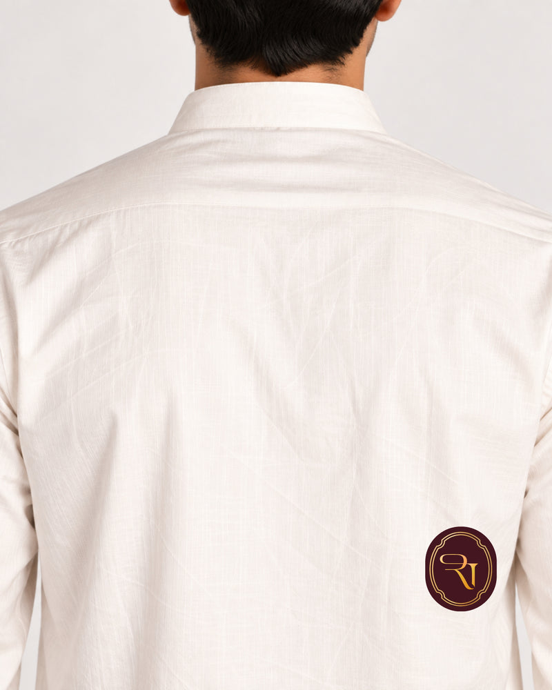 Men's white cotton kurta back view with long sleeves and side slit hem
