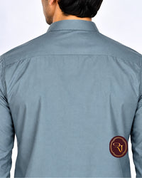 Men's slate-blue kurta back view with long sleeves and center seam