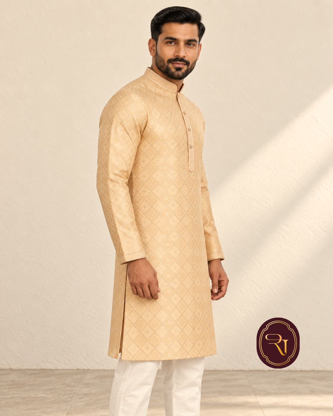 Shahanai Men's Pure Banarasi Self-Textured Kurta
