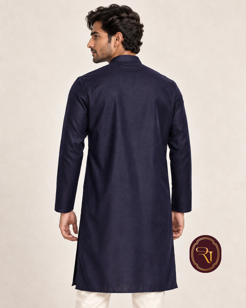 Men's navy blue cotton kurta back view with long sleeves