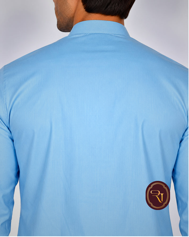 Men's light blue cotton kurta back view with side slit