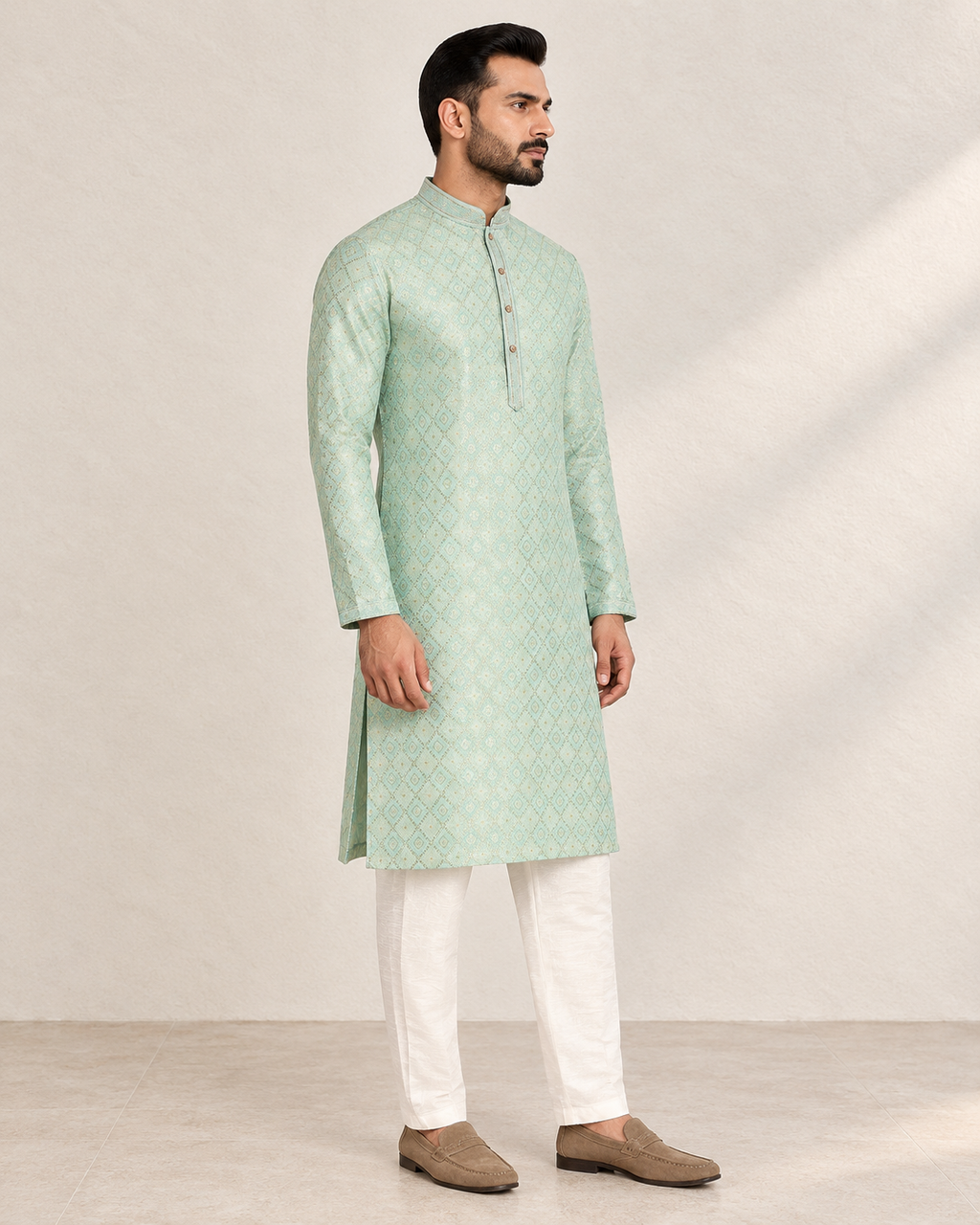 Shahanai Men's Pure Banarasi Self-Textured Kurta