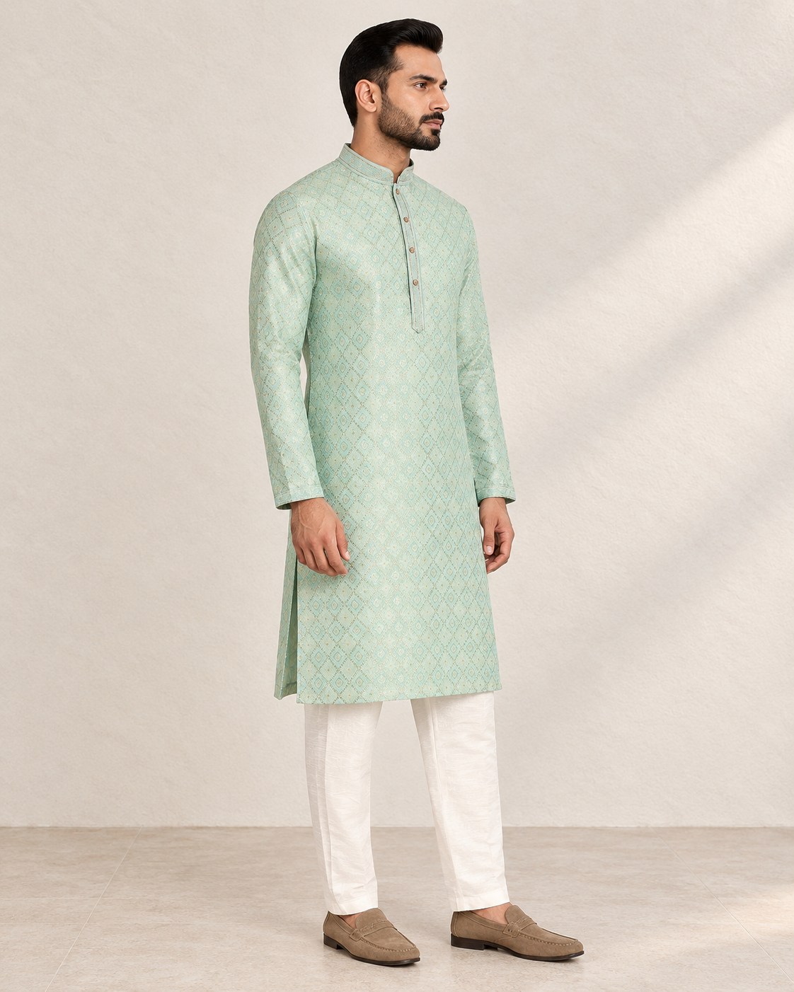 Shahanai Men's Pure Banarasi Self-Textured Kurta