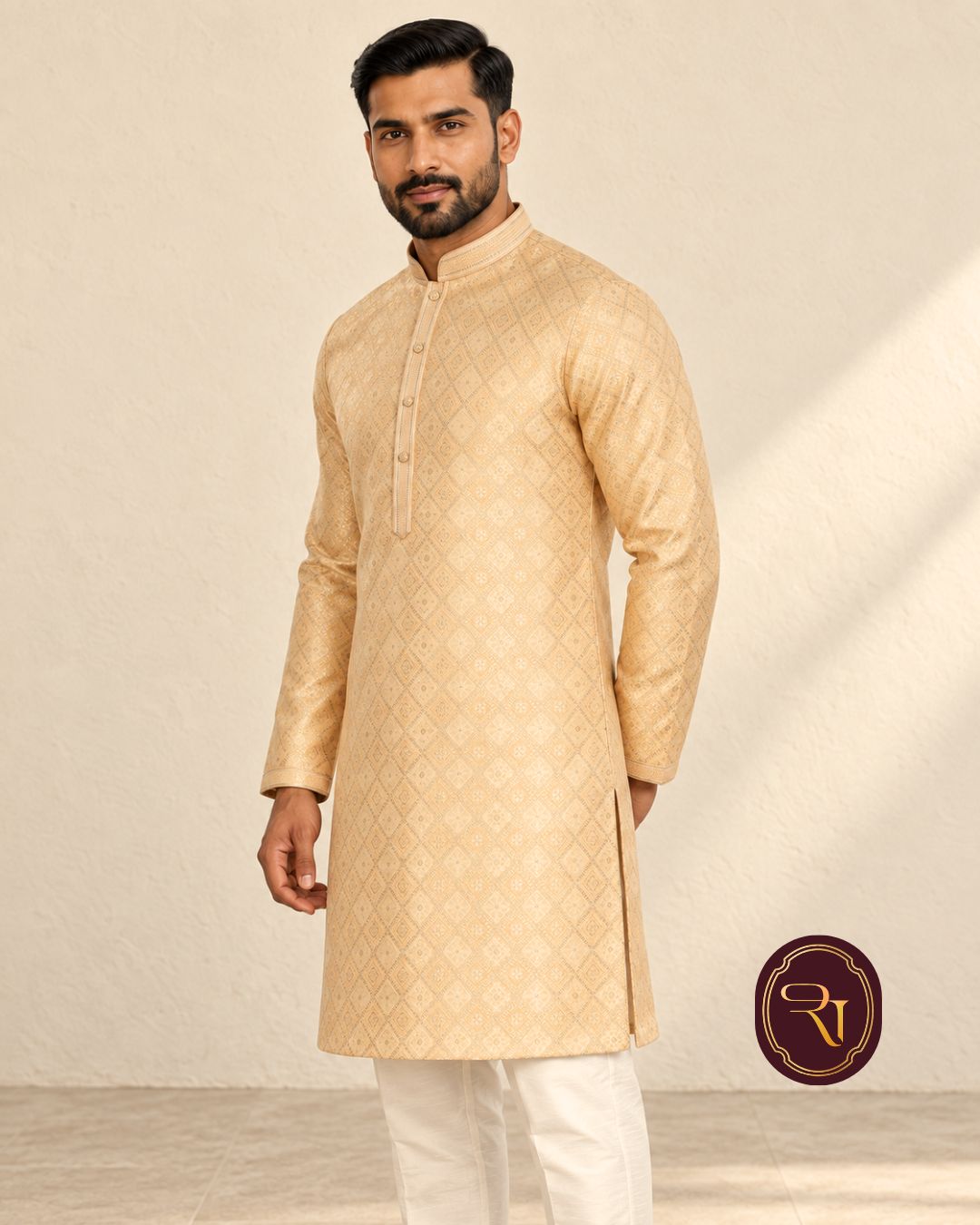 Shahanai Men's Pure Banarasi Self-Textured Kurta