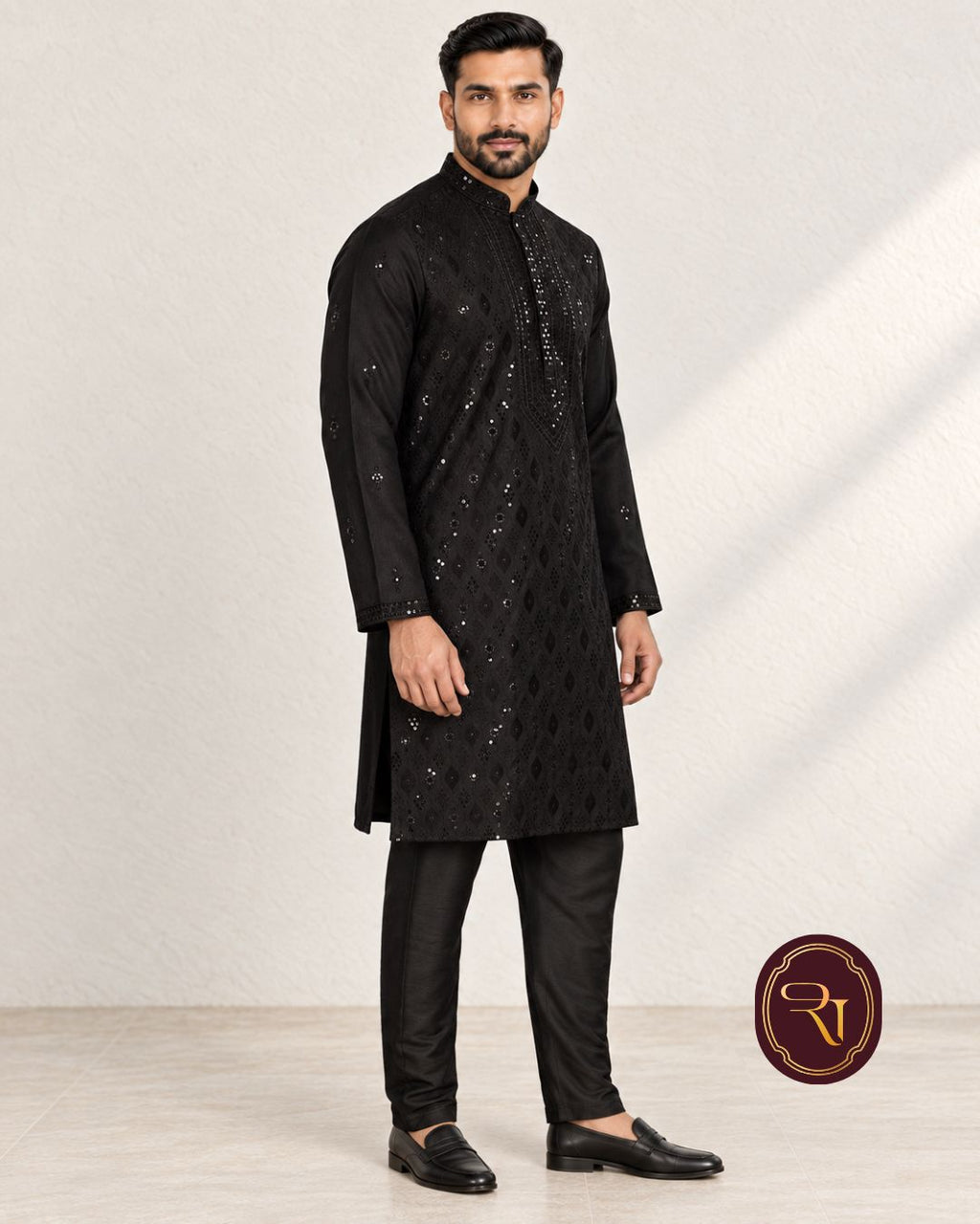 Shahanai Men's Silk Kurta with Allover Heavy Work