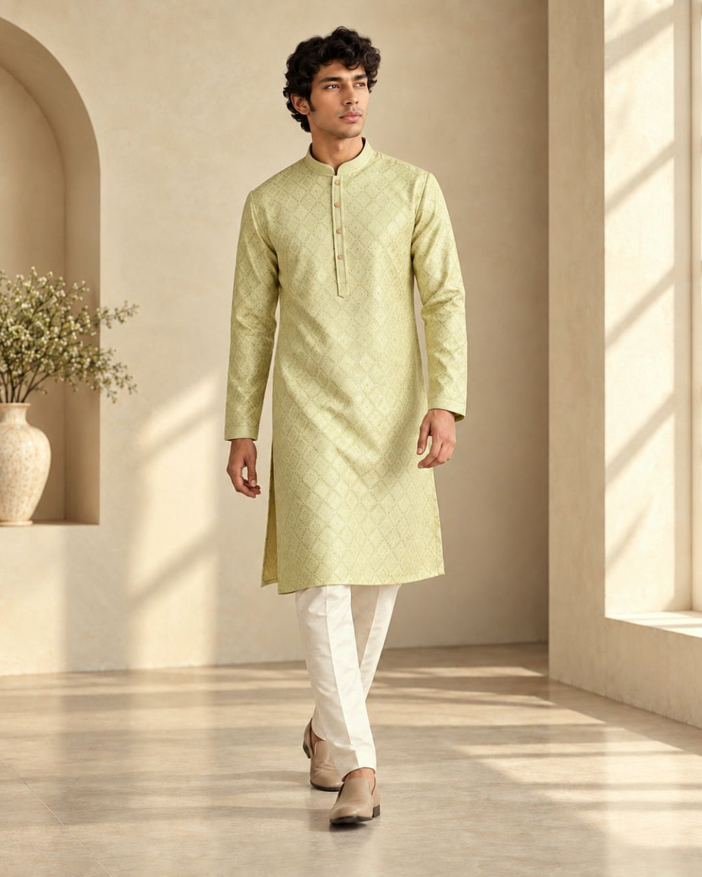 Shahanai Men's Pure Banarasi Self-Textured Kurta