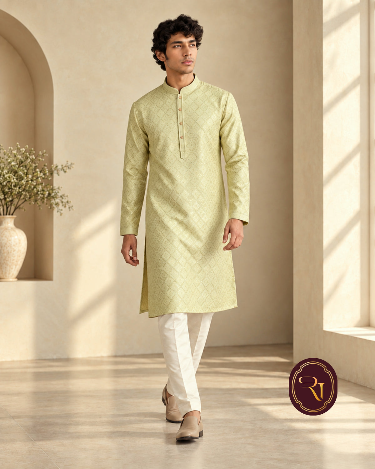 Shahanai Men's Pure Banarasi Self-Textured Kurta