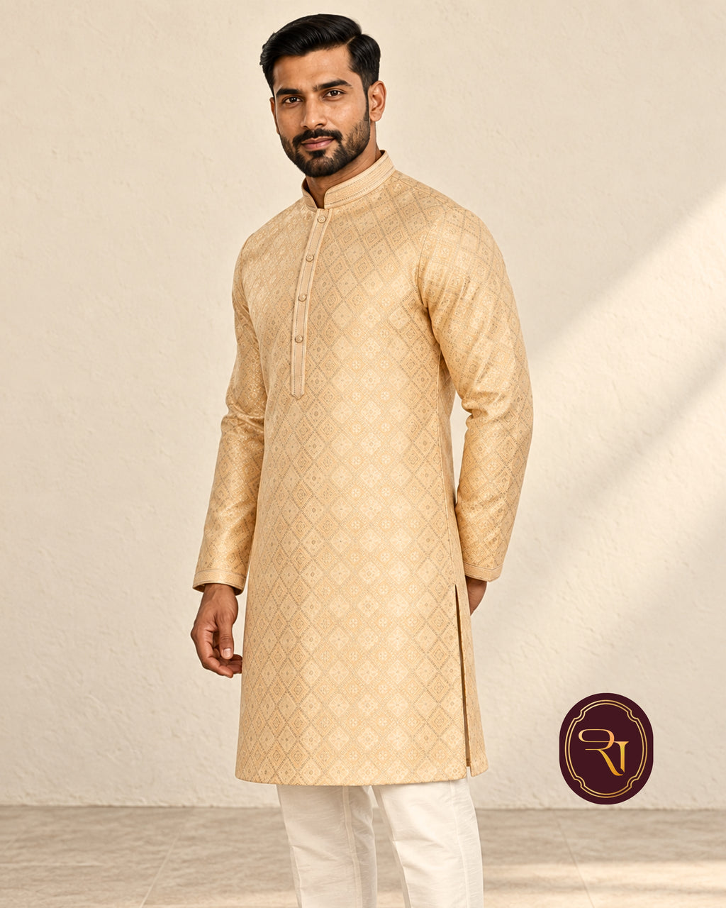 Shahanai Men's Pure Banarasi Self-Textured Kurta