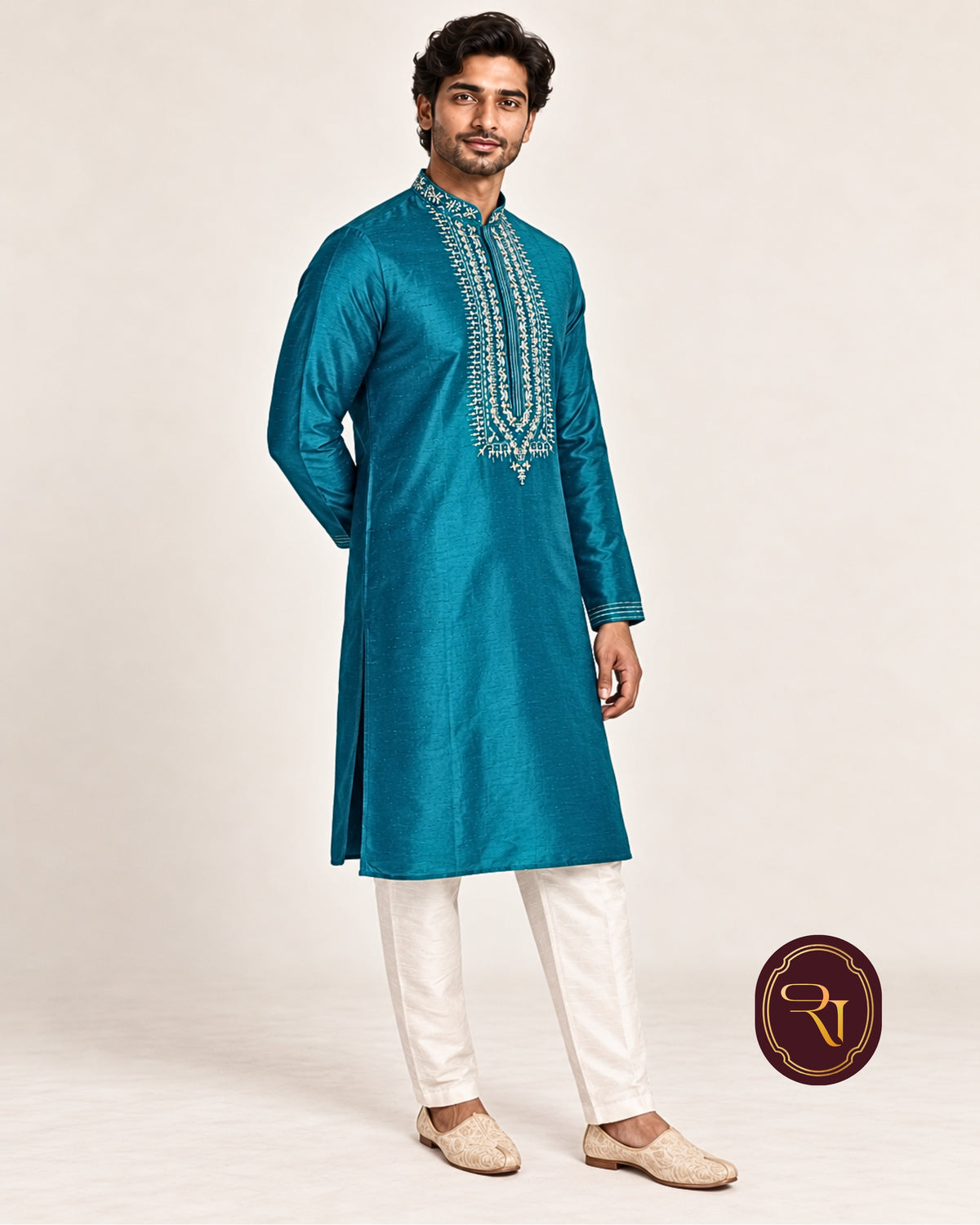 Shahanai Men's Silk Kurta with Machine and Hand Work