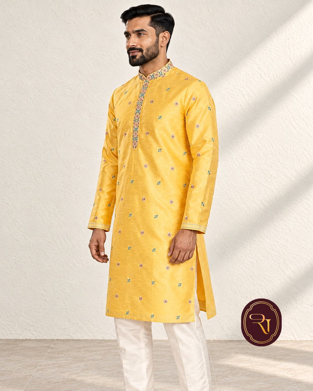 Shahanai Men's Silk Kurta with Machine and Hand Work