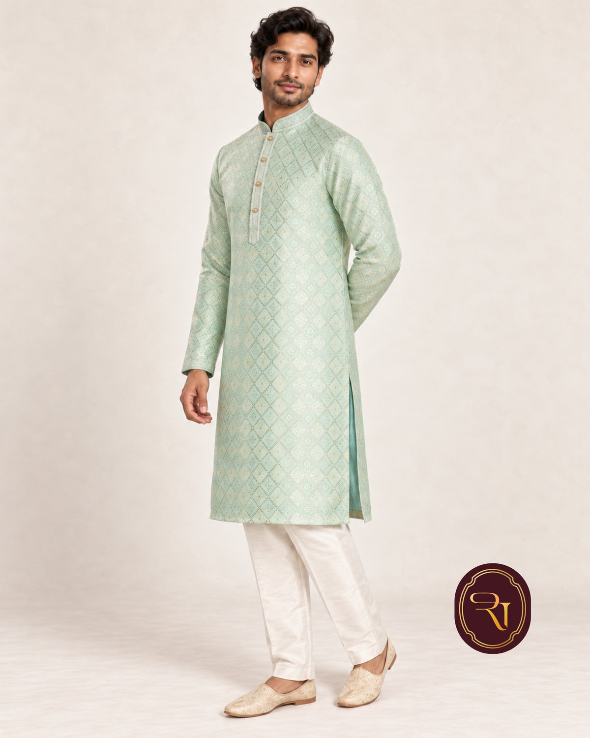 Shahanai Men's Pure Banarasi Self-Textured Kurta