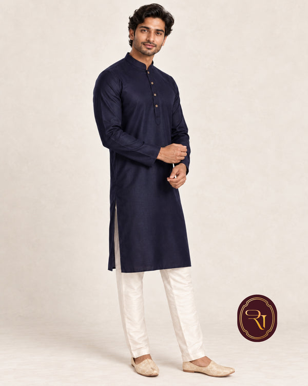 Shahanai Men's Pure Cotton Navy Blue Kurta