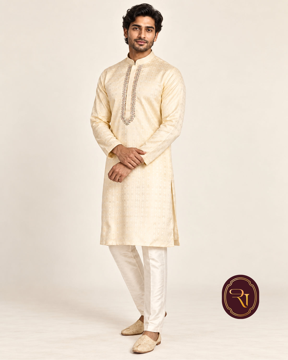 Shahanai Men's Silk Kurta with Machine and Hand Work