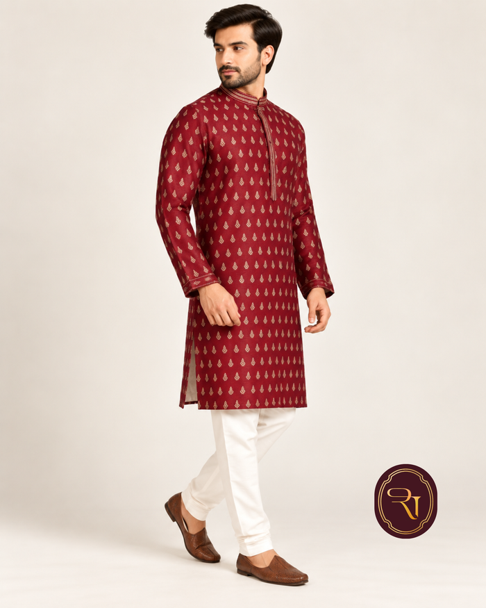 Shahanai Men's Pure Banarasi Self-Textured Kurta