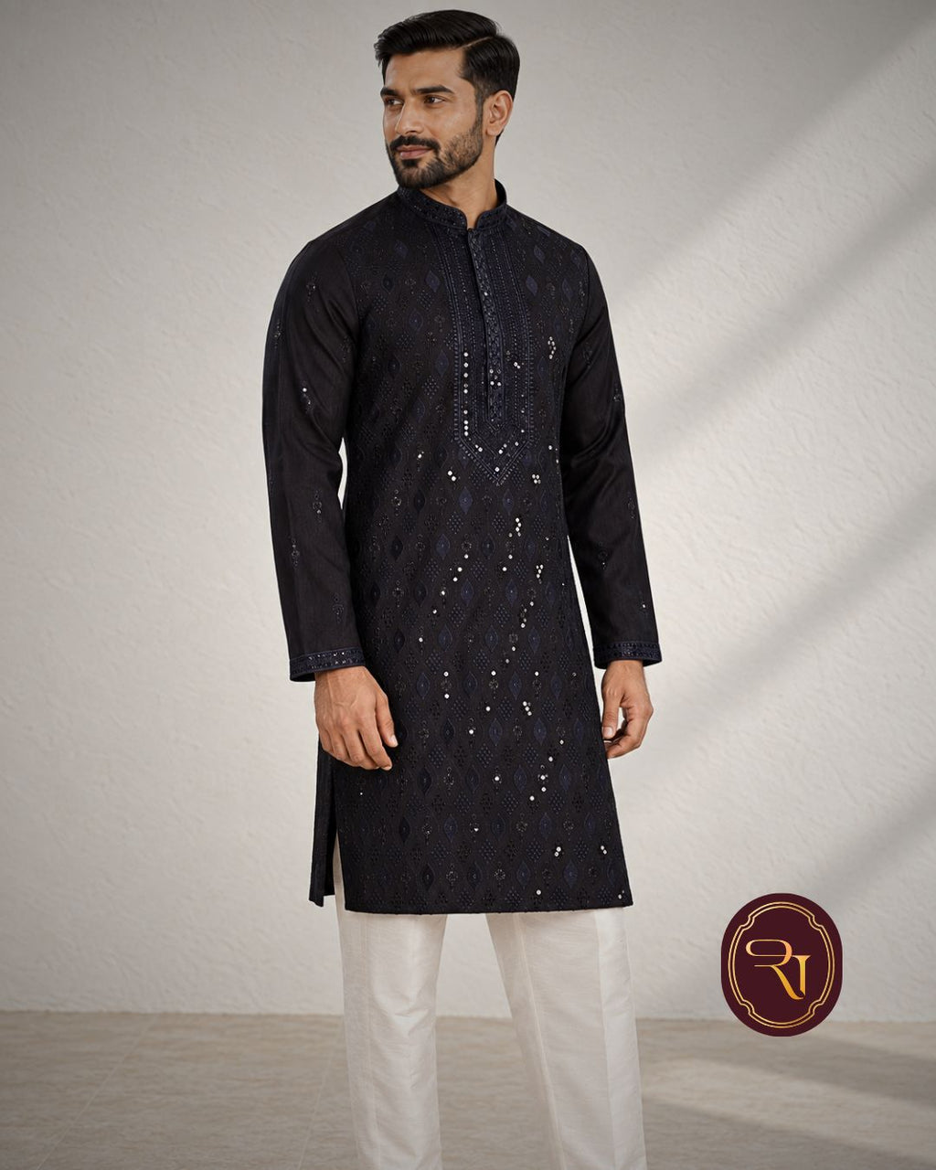 Shahanai Men's Silk Kurta with Allover Heavy Work