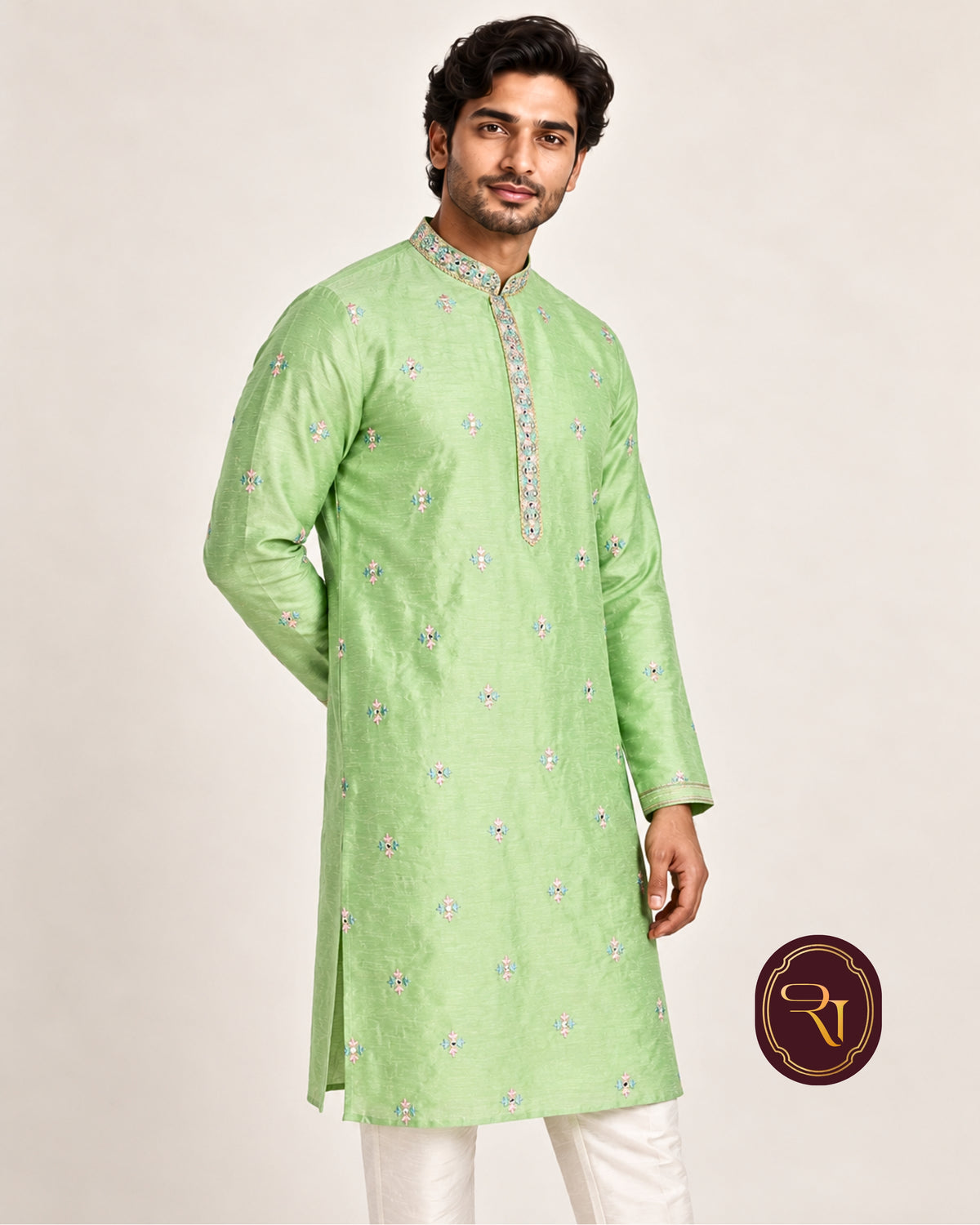 Shahanai Men's Silk Kurta with Machine and Hand Work