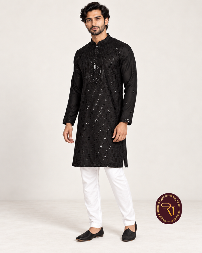 Shahanai Men's Silk Kurta with Allover Heavy Work