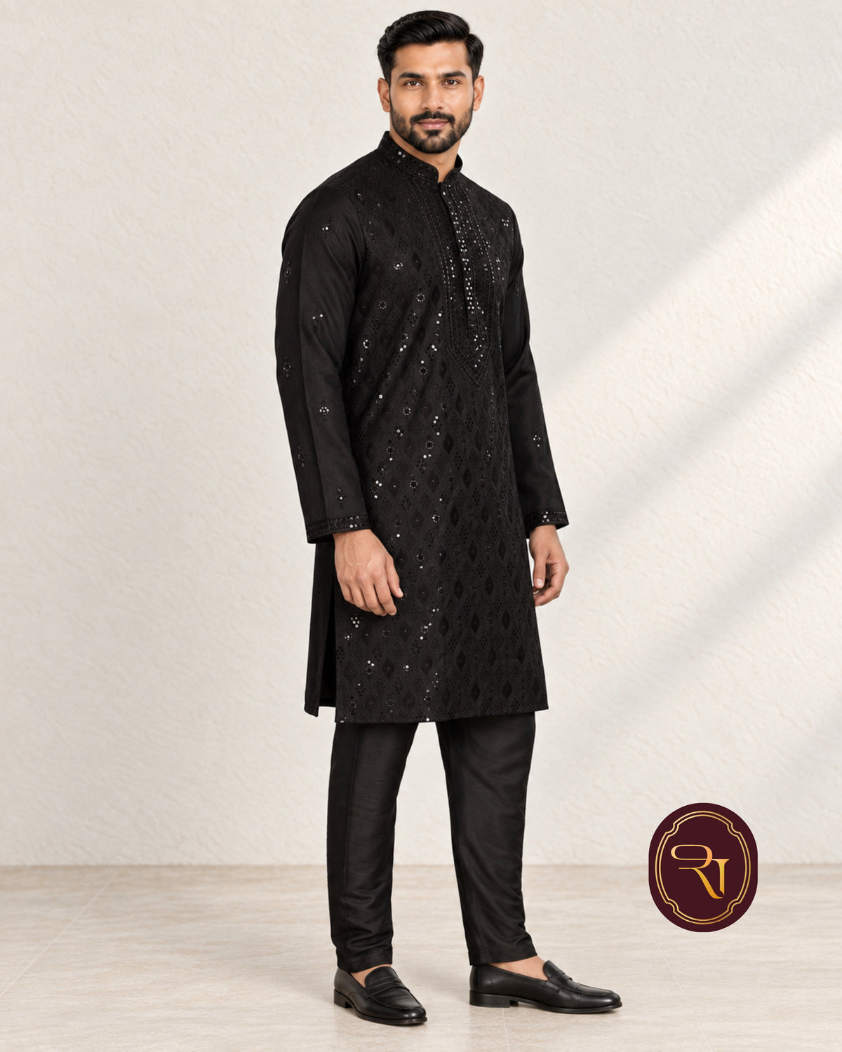 Shahanai Men's Silk Kurta with Allover Heavy Work