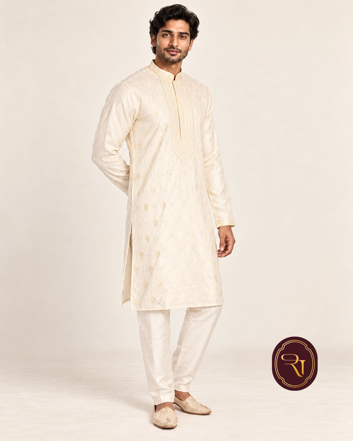 Shahanai Men's Silk Kurta with Allover Heavy Work