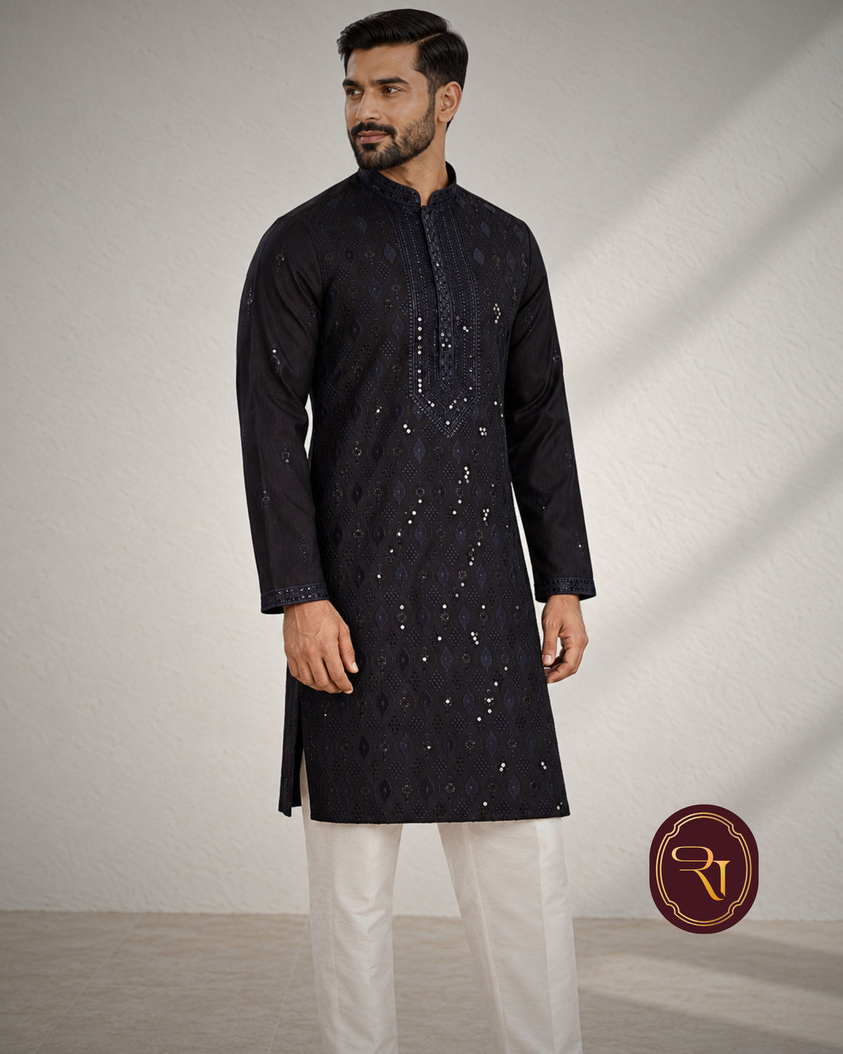 Shahanai Men's Silk Kurta with Allover Heavy Work