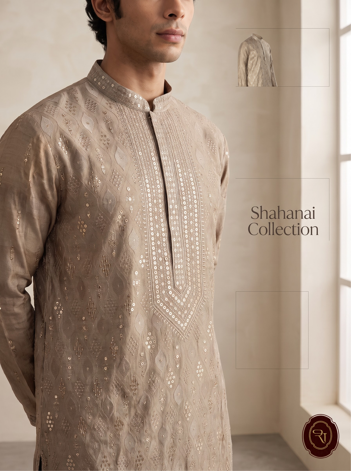 Shahanai Men's Silk Kurta with Allover Heavy Work