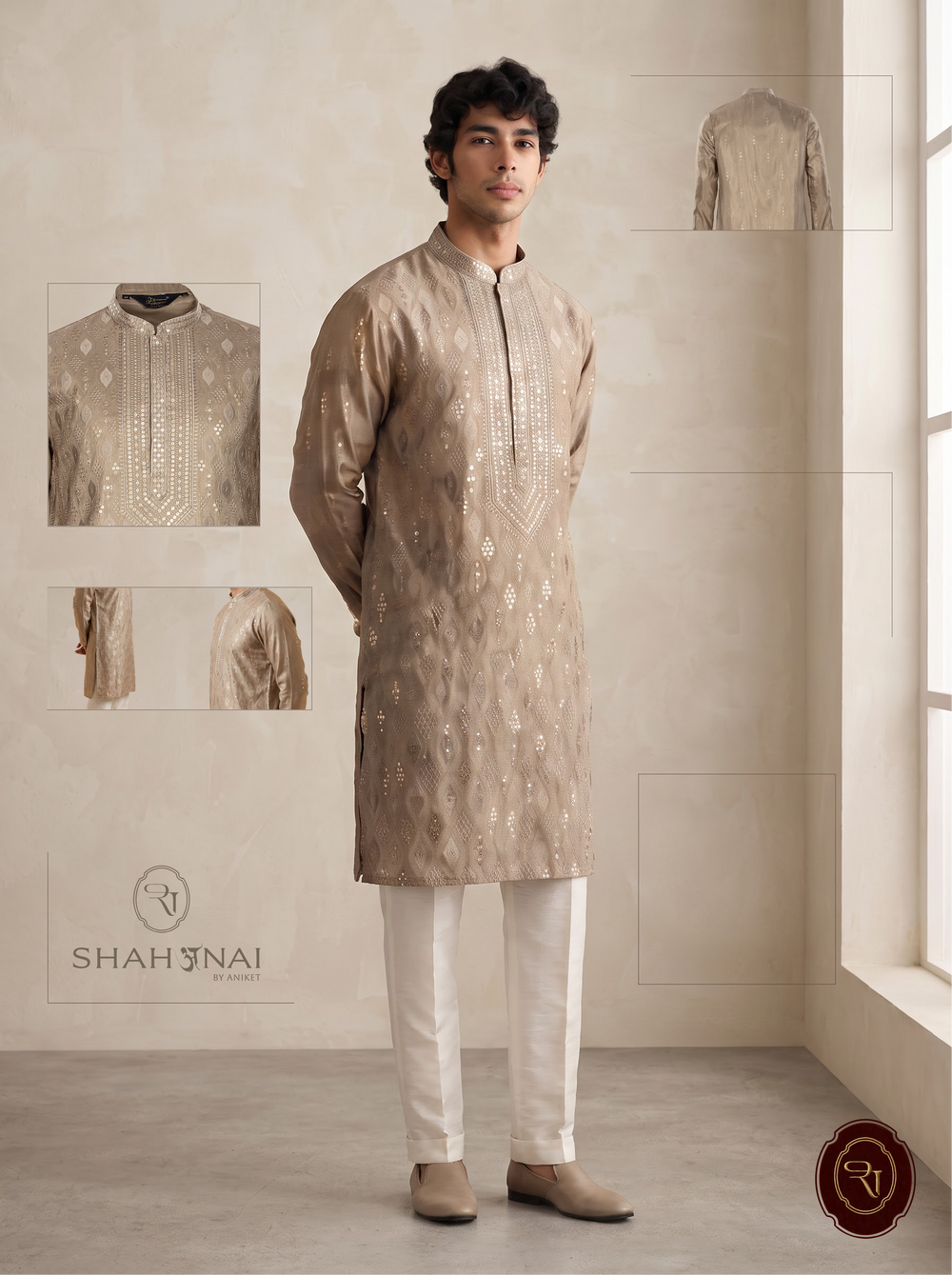 Shahanai Men's Silk Kurta with Allover Heavy Work