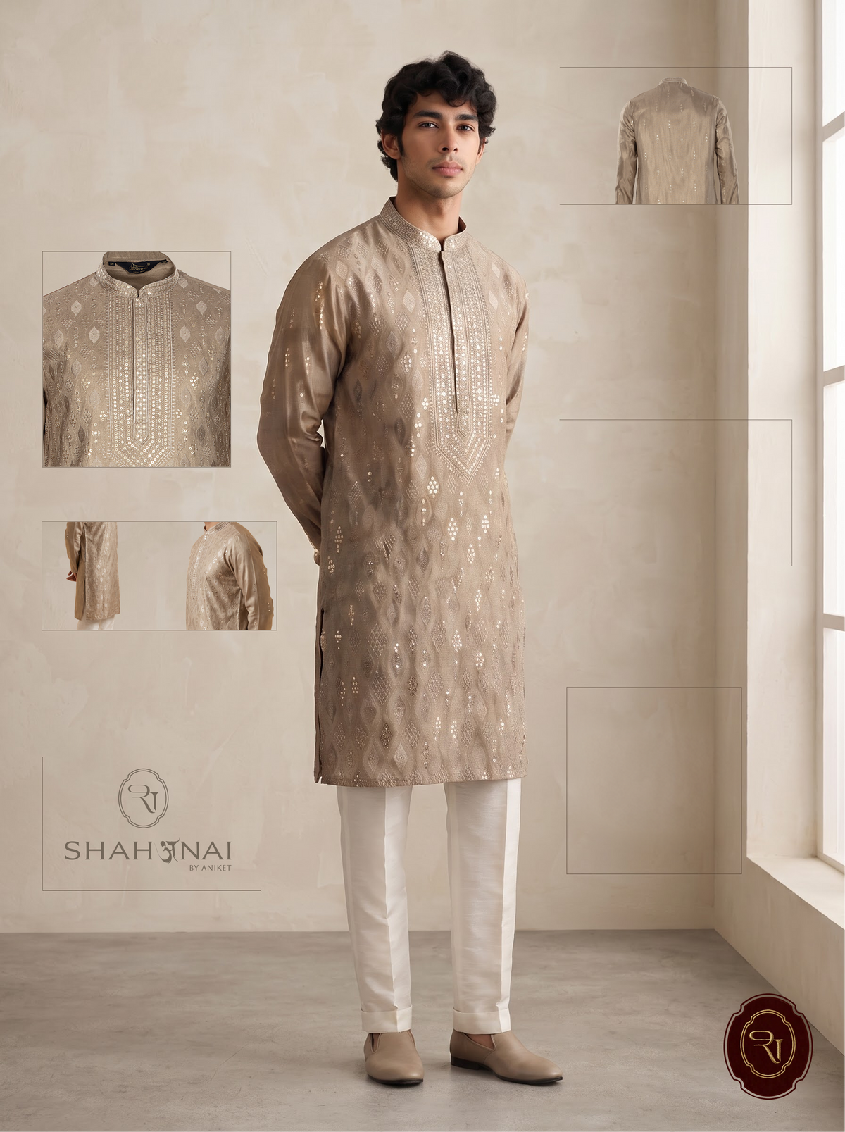 Shahanai Men's Silk Kurta with Allover Heavy Work