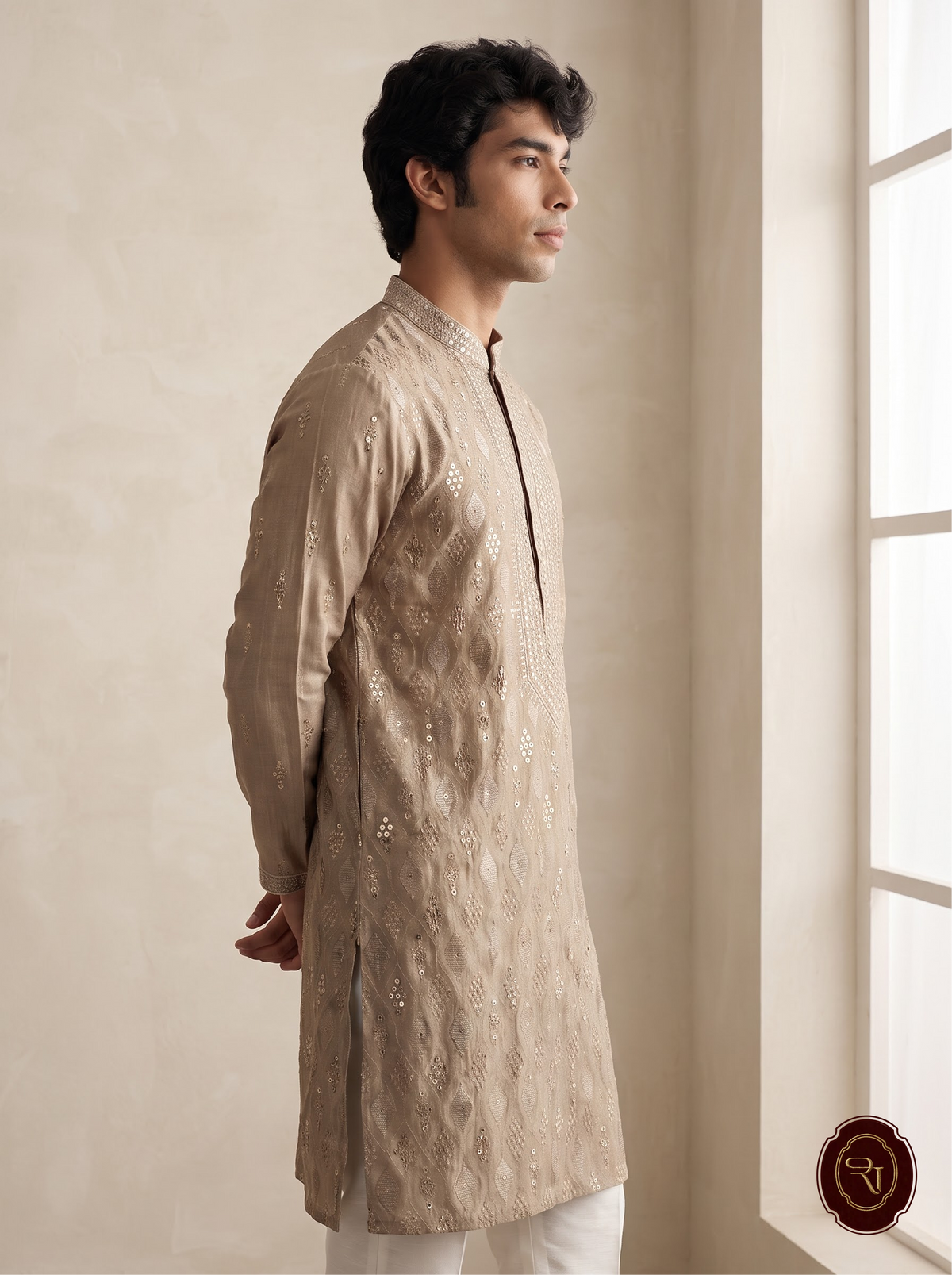 Shahanai Men's Silk Kurta with Allover Heavy Work