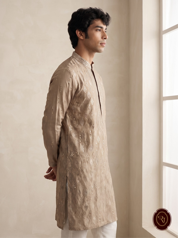 Shahanai Men's Silk Kurta with Allover Heavy Work